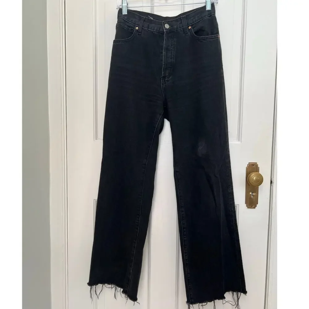 MNG Jeans Wide Leg Black Denim High Waist Led Button Fly 100% Cotton Women's 6